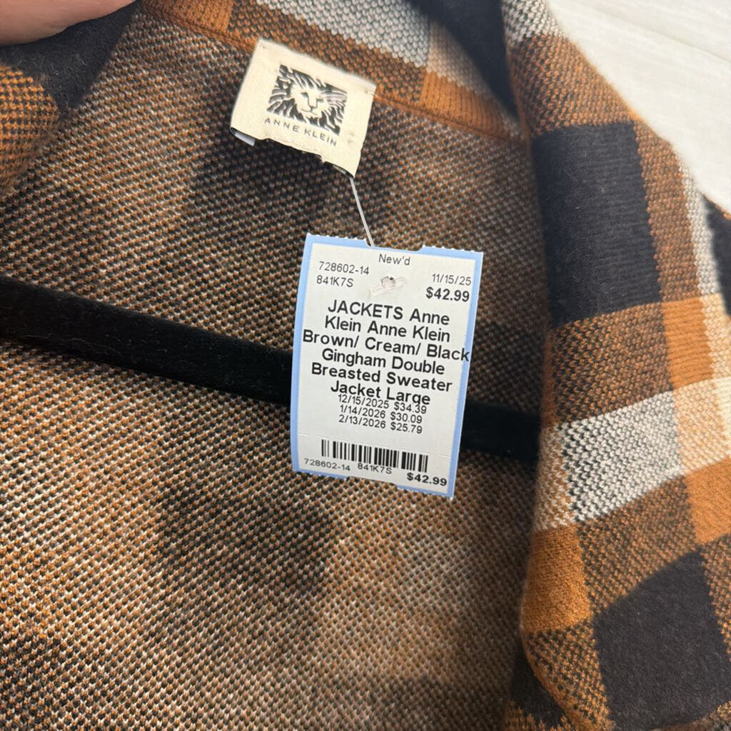 Anne Klein Brown/ Cream/ Black Gingham Double Breasted Sweater Jacket Large