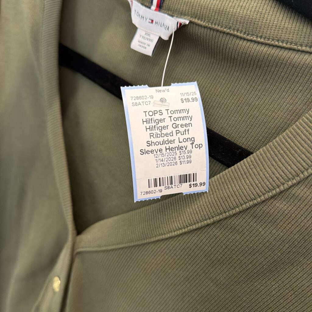 Tommy Hilfiger Green Ribbed Puff Shoulder Long Sleeve Henley Top XXL