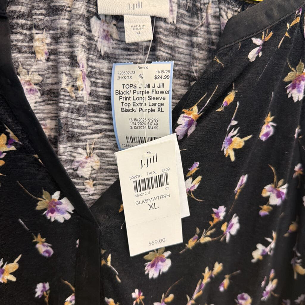 J Jill Black/ Purple Flower Print Long Sleeve Top Extra Large