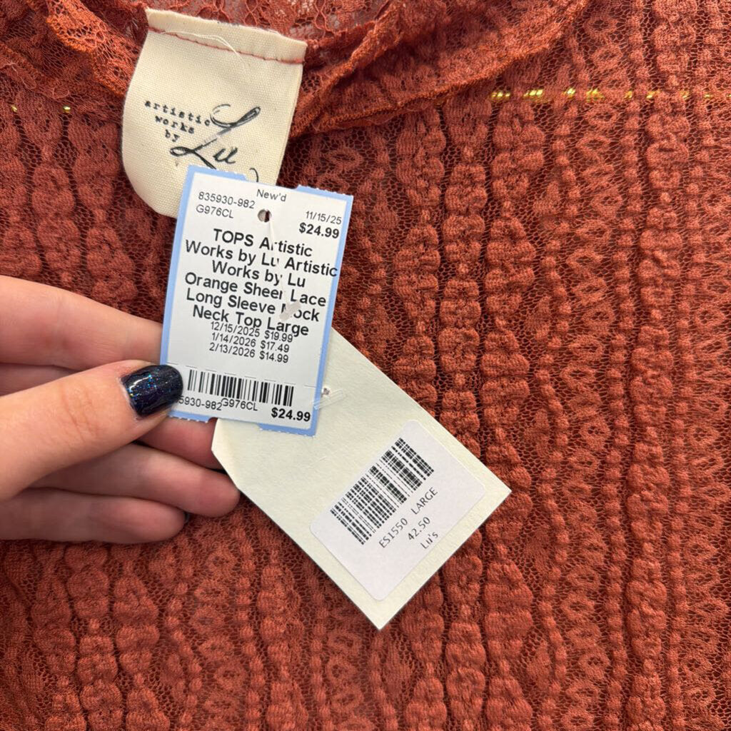 Artistic Works by Lu Orange Sheer Lace Long Sleeve Mock Neck Top Large