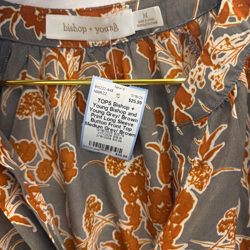 Bishop and Young Grey/ Brown Print Long Sleeve Button Front Top Medium