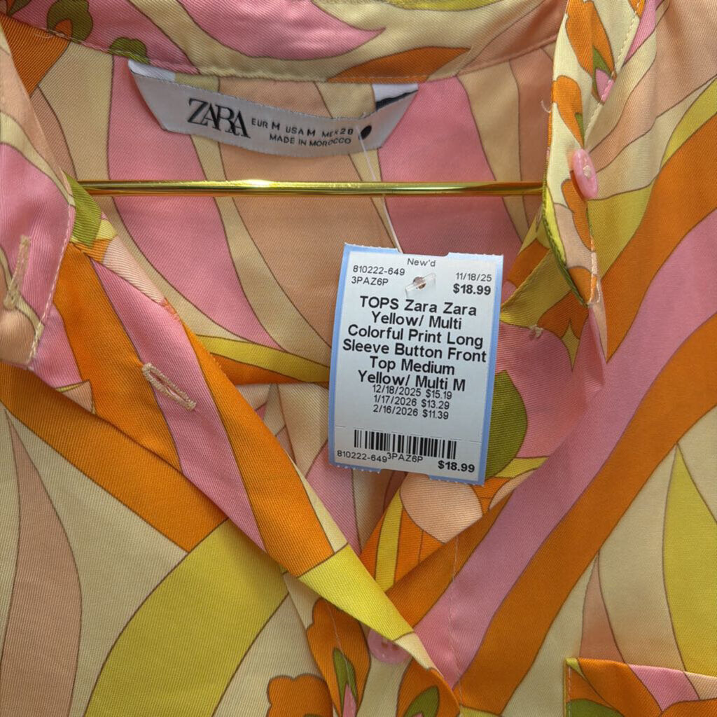 Zara Yellow/ Multi Colorful Print Long Sleeve Button Front Top Medium