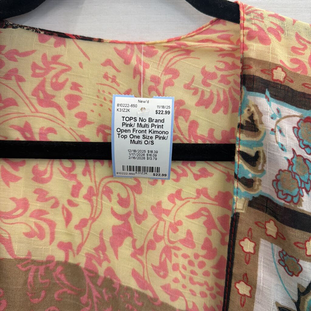 Pink/ Multi Print Open Front Kimono Top One Size