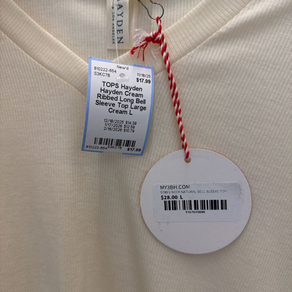 Hayden Cream Ribbed Long Bell Sleeve Top Large