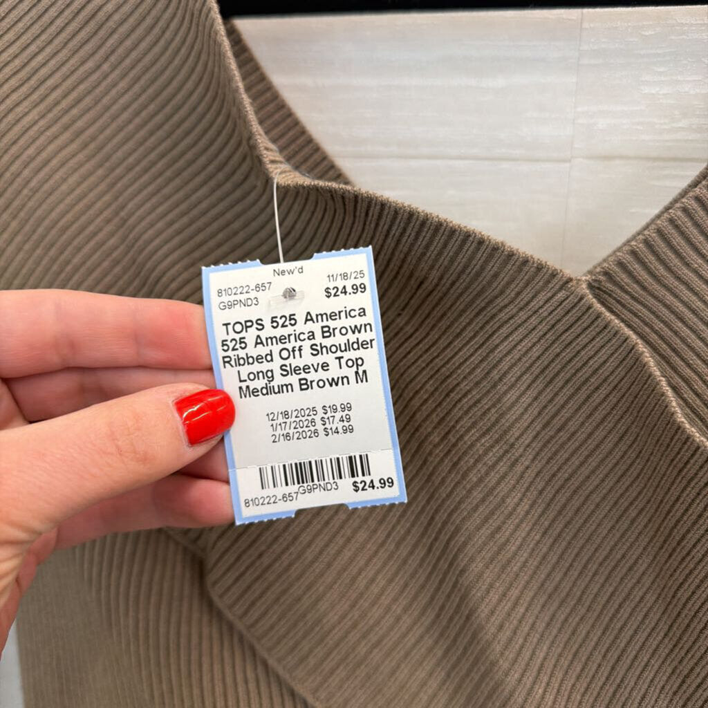 525 America Brown Ribbed Off Shoulder Long Sleeve Top Medium