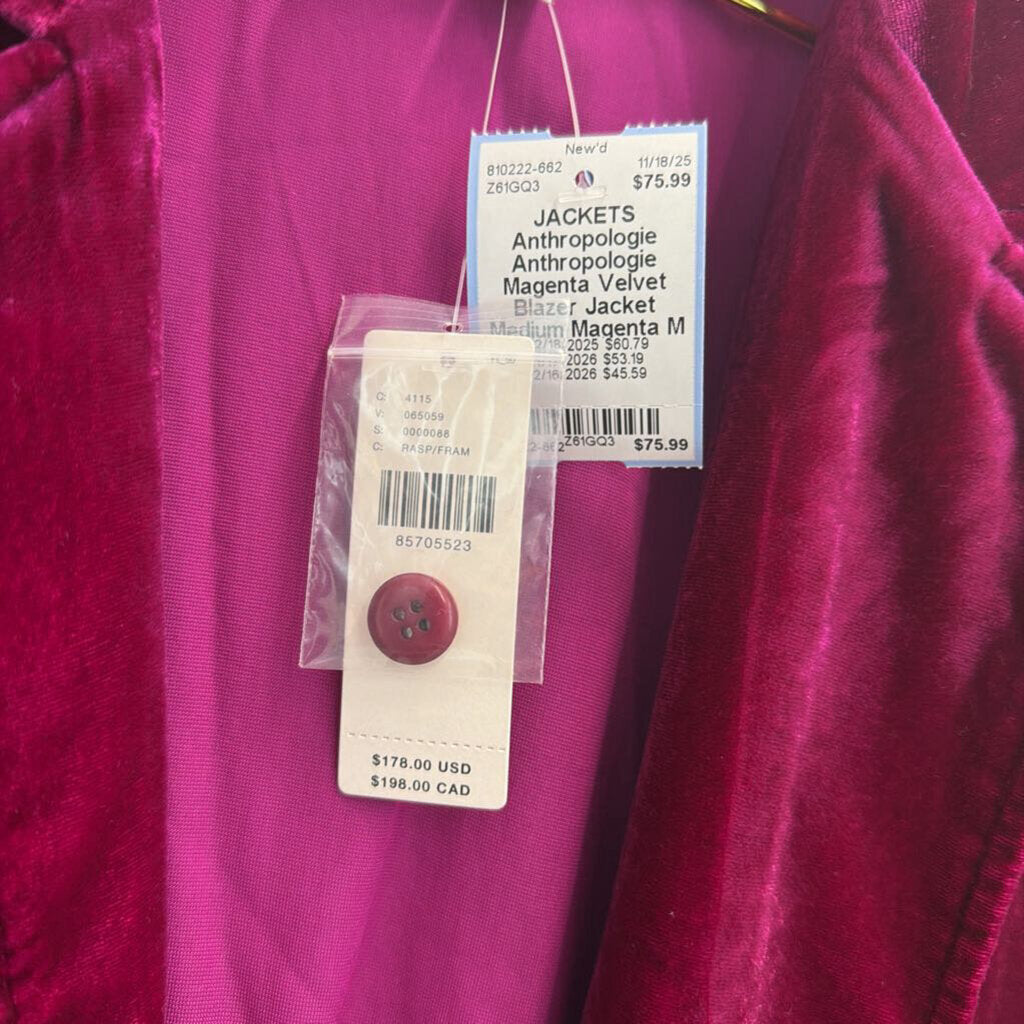 Anthropologie Magenta Velvet Blazer Jacket Medium