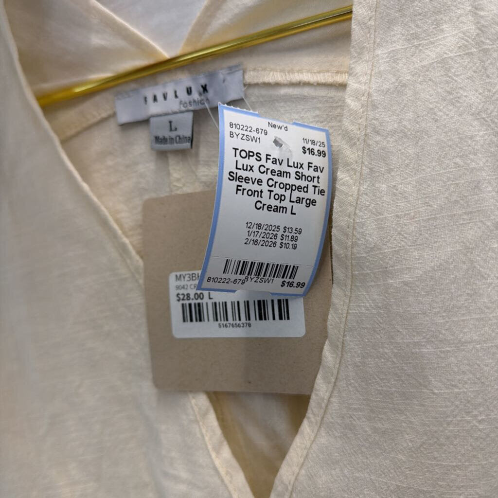 Fav Lux Cream Short Sleeve Cropped Tie Front Top Large
