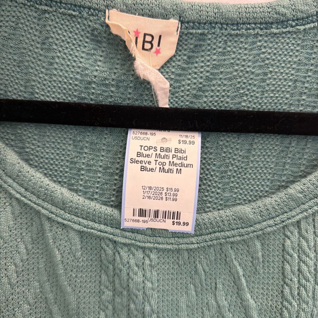 Bibi Blue/ Multi Plaid Sleeve Top Medium