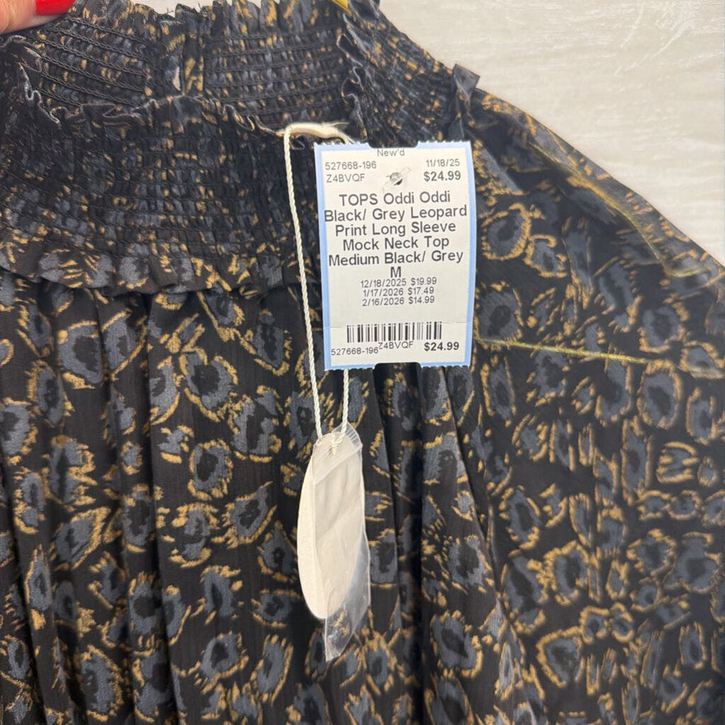 Oddi Black/ Grey Leopard Print Long Sleeve Mock Neck Top Medium
