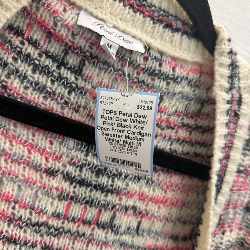 Petal Dew White/ Pink/ Black Knit Open Front Cardigan Sweater Medium