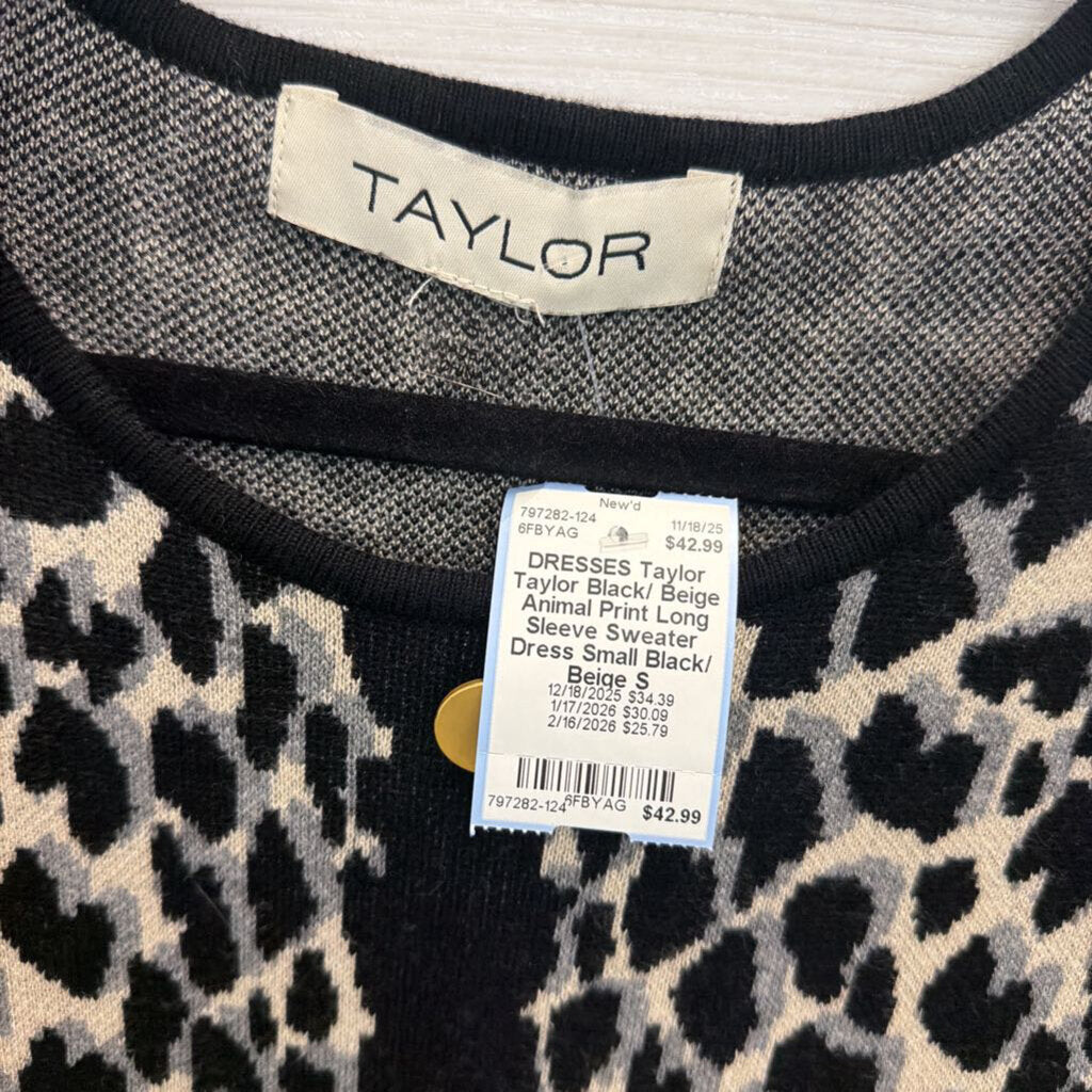 Taylor Black/ Beige Animal Print Long Sleeve Sweater Dress Small