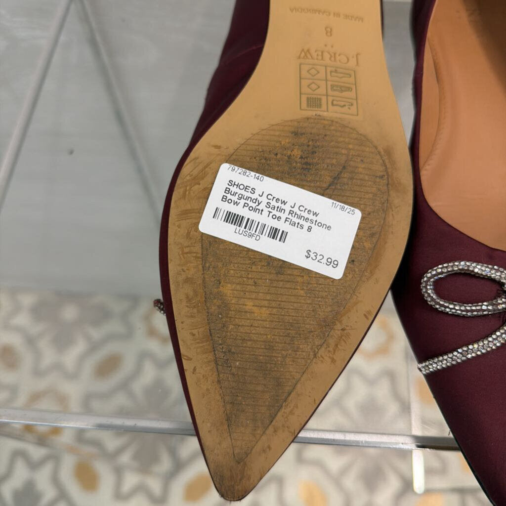 J Crew Burgundy Satin Rhinestone Bow Point Toe Flats 8