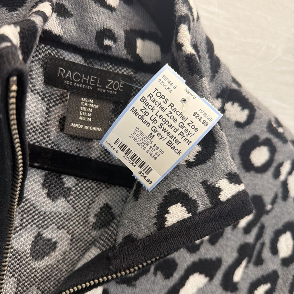 Rachel Zoe Grey/ Black Leopard Print Zip Up Sweater Medium