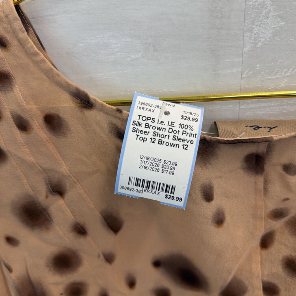 I.E. 100% Silk Brown Dot Print Sheer Short Sleeve Top 12