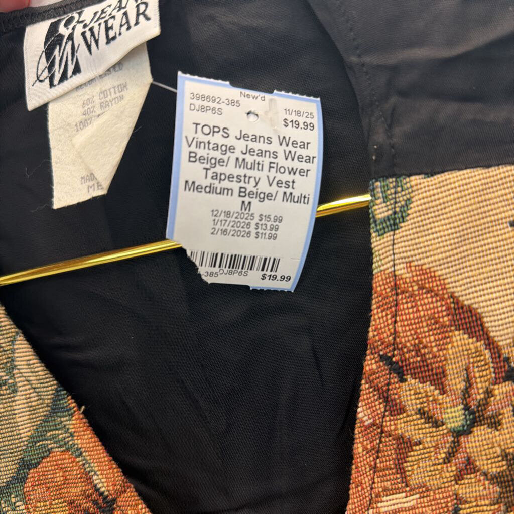 Vintage Jeans Wear Beige/ Multi Flower Tapestry Vest Medium