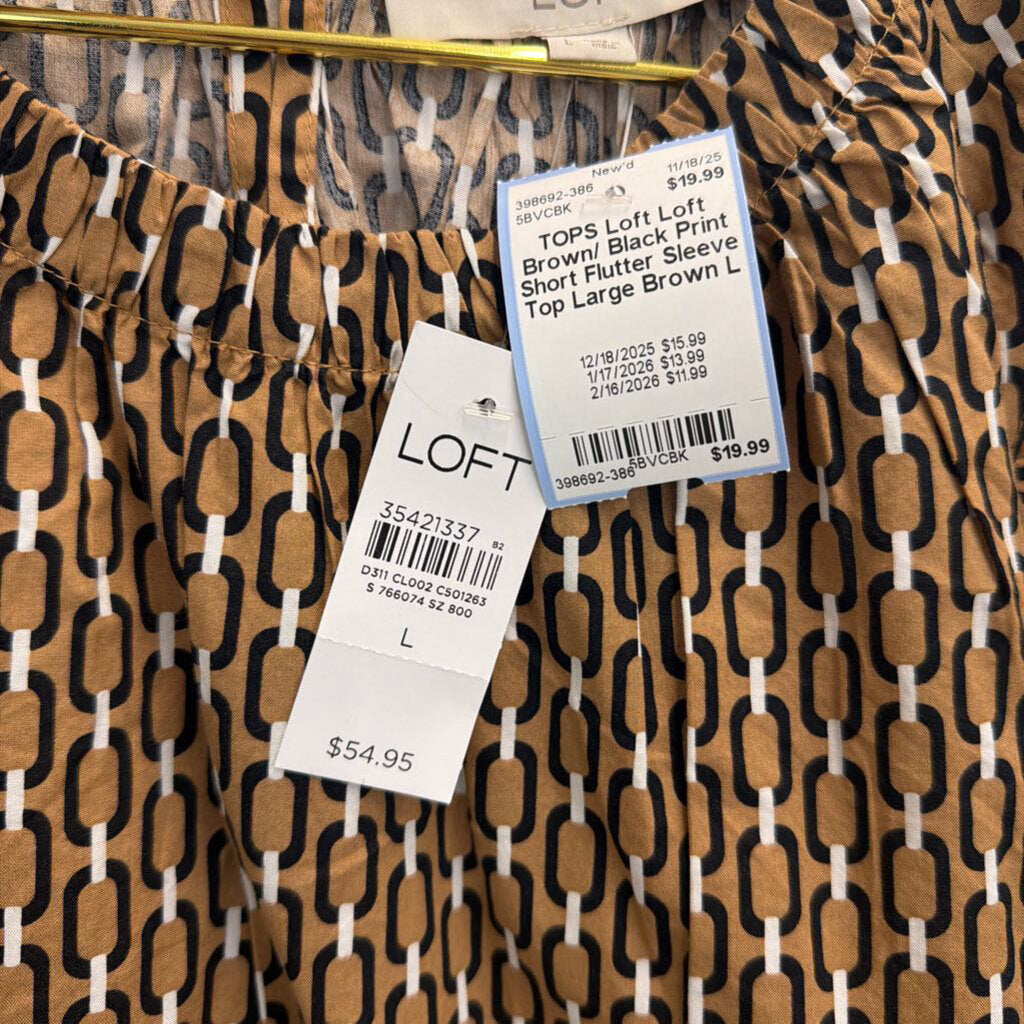 Loft Brown/ Black Print Short Flutter Sleeve Top Large