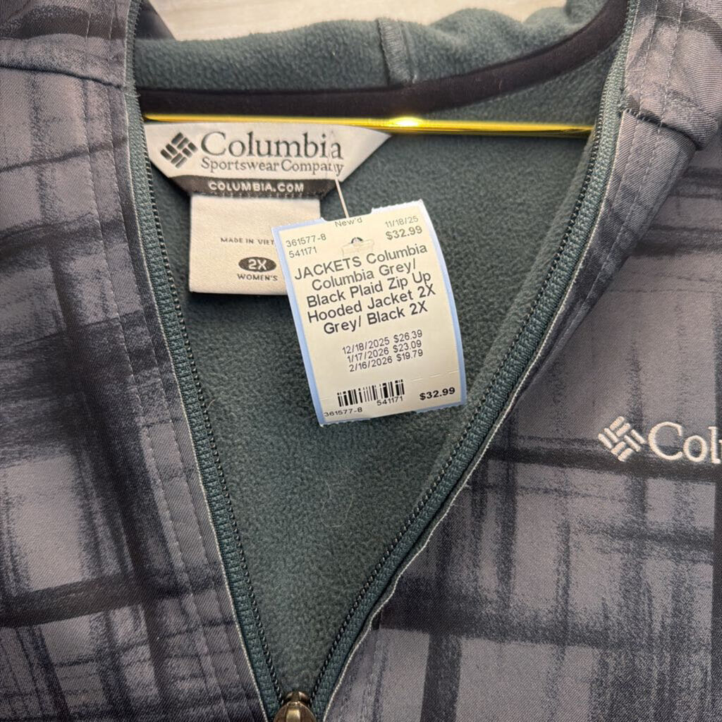 Columbia Grey/ Black Plaid Zip Up Hooded Jacket 2X
