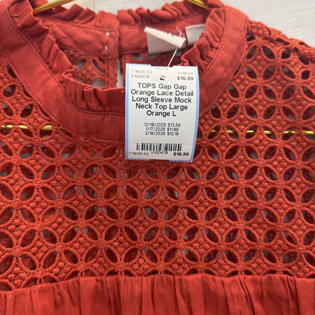 Gap Orange Lace Detail Long Sleeve Mock Neck Top Large
