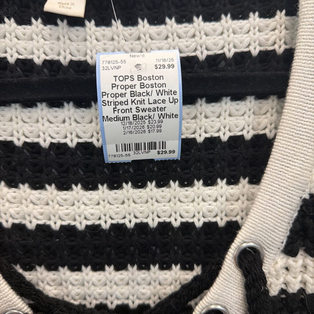 Boston Proper Black/ White Striped Knit Lace Up Front Sweater Medium