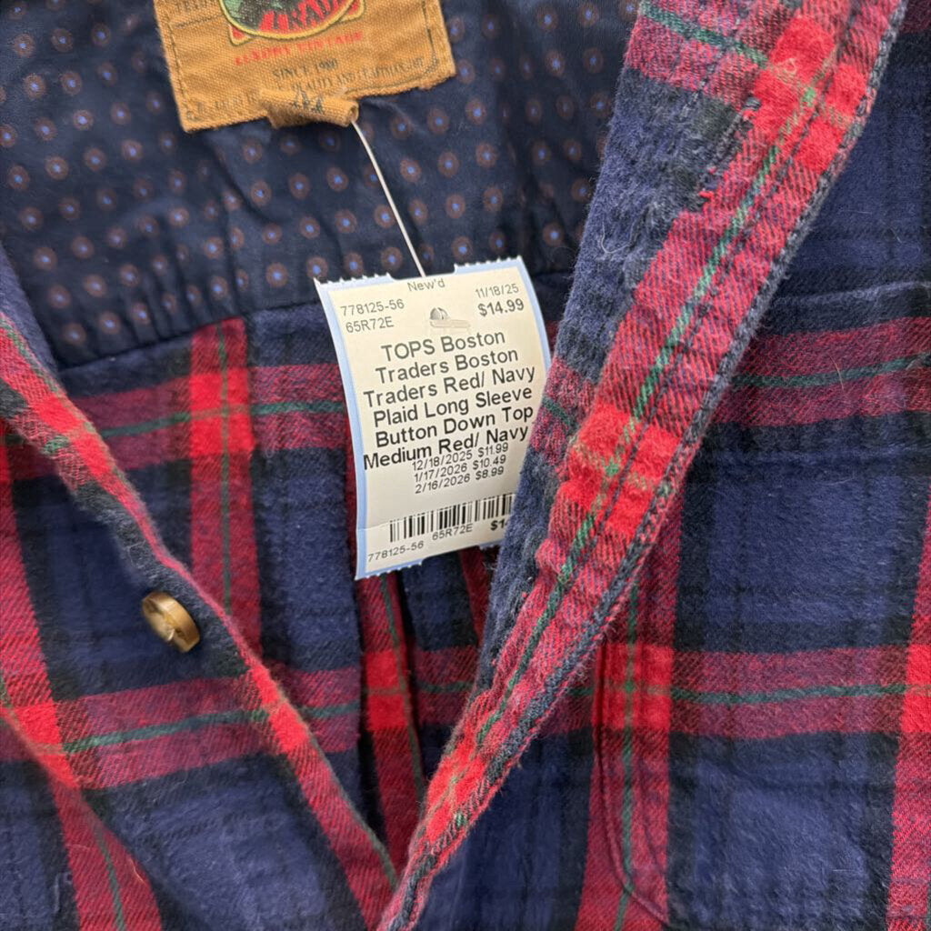 Boston Traders Red/ Navy Plaid Long Sleeve Button Down Top Medium