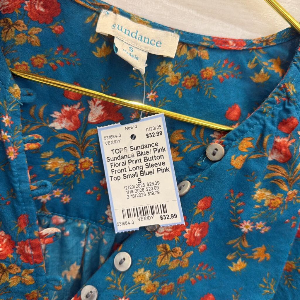 Sundance Blue/ Pink Floral Print Button Front Long Sleeve Top Small