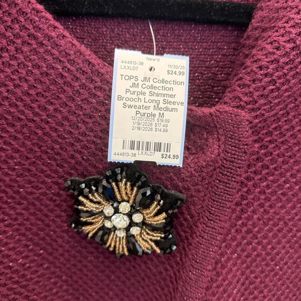 JM Collection Purple Shimmer Brooch Long Sleeve Sweater Medium