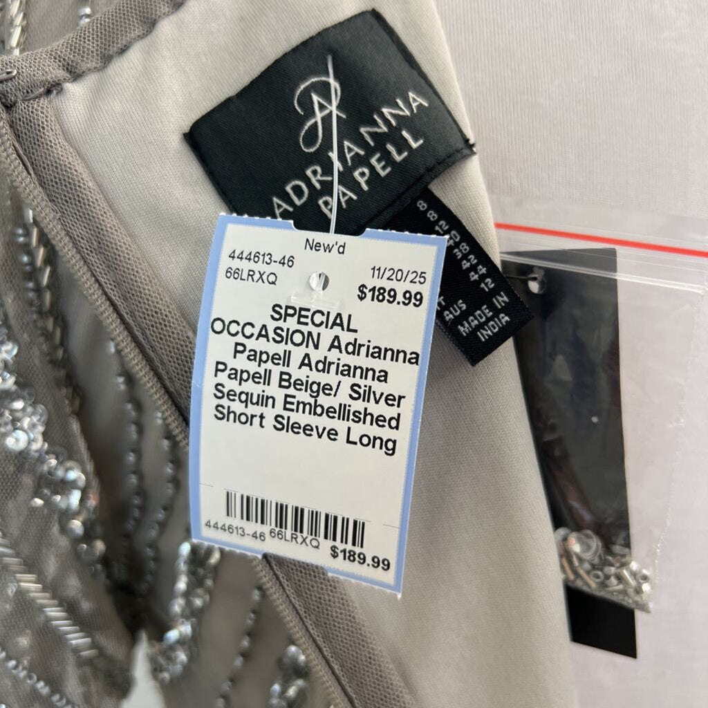 Adrianna Papell Beige/ Silver Sequin Embellished Short Sleeve Long Formal Dress 8