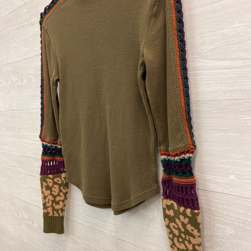 Free People Green/ Multi Knit Sleeve Detail Long Sleeve Top Extra Small