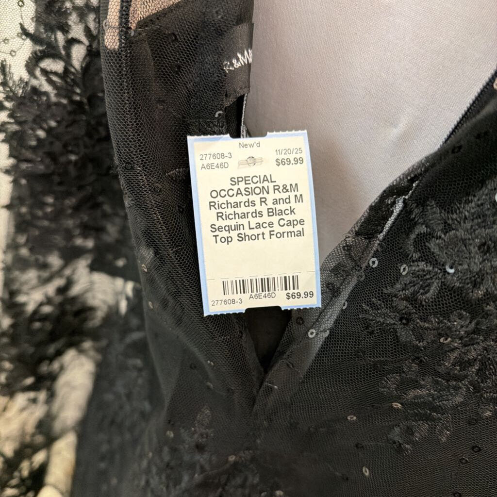 R and M Richards Black Sequin Lace Cape Top Short Formal Dress 10