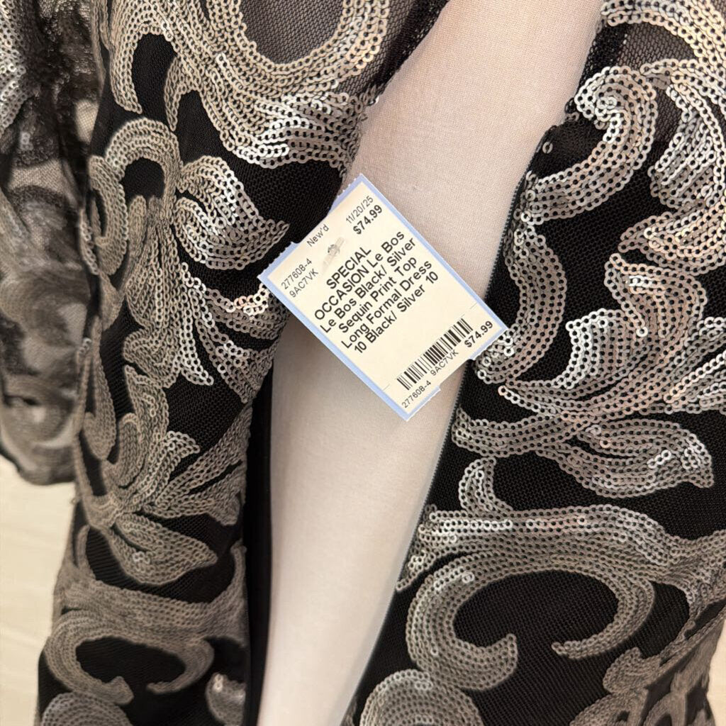 Le Bos Black/ Silver Sequin Print Top Long Formal Dress 10