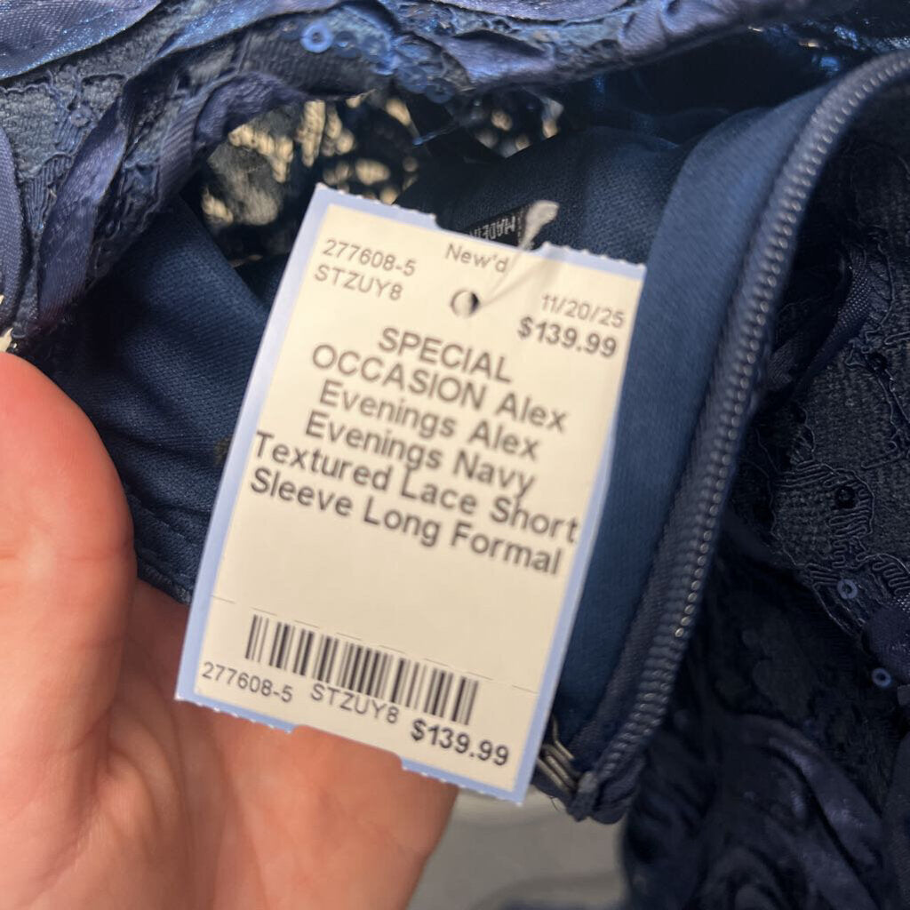 Alex Evenings Navy Textured Lace Short Sleeve Long Formal Dress 10