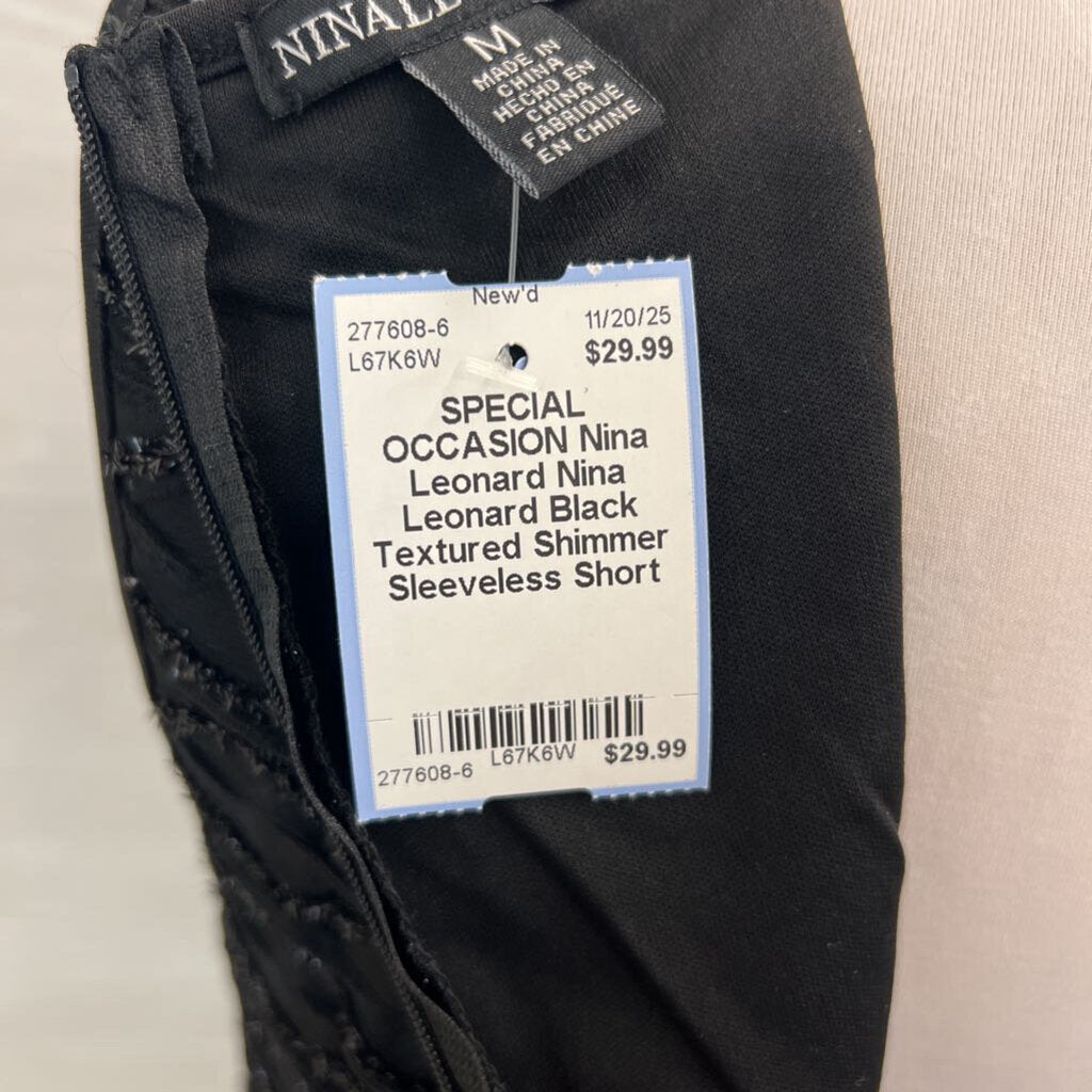 Nina Leonard Black Textured Shimmer Sleeveless Short Formal Dress Medium