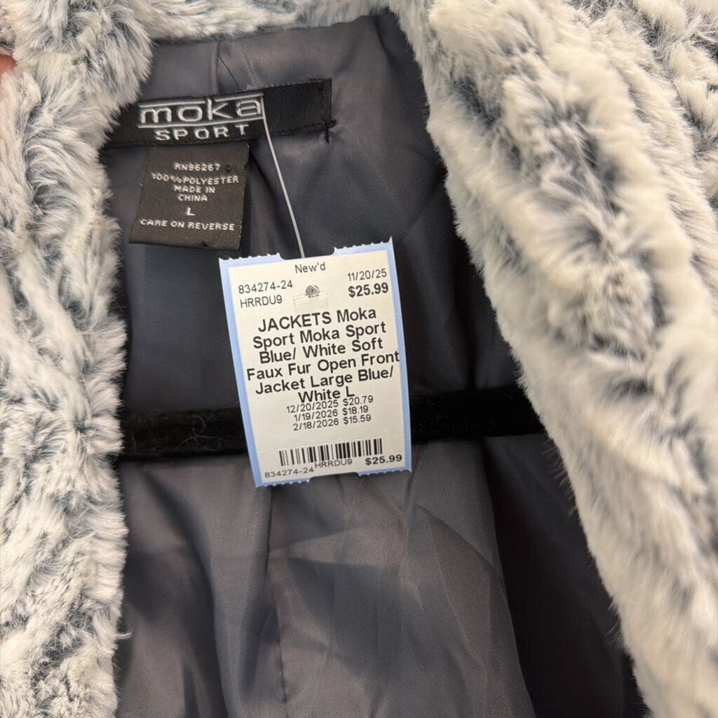 Moka Sport Blue/ White Soft Faux Fur Open Front Jacket Large