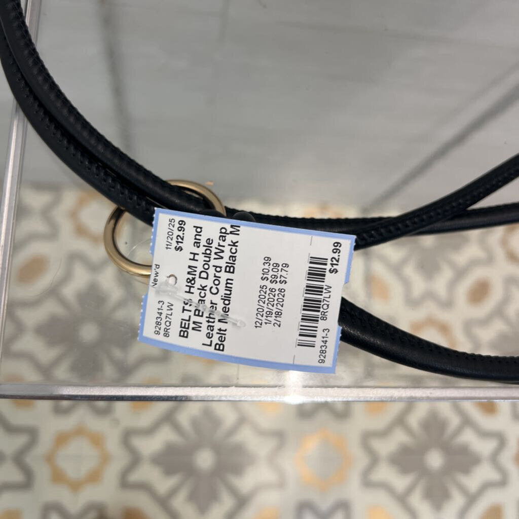 H and M Black Double Leather Cord Wrap Belt Medium