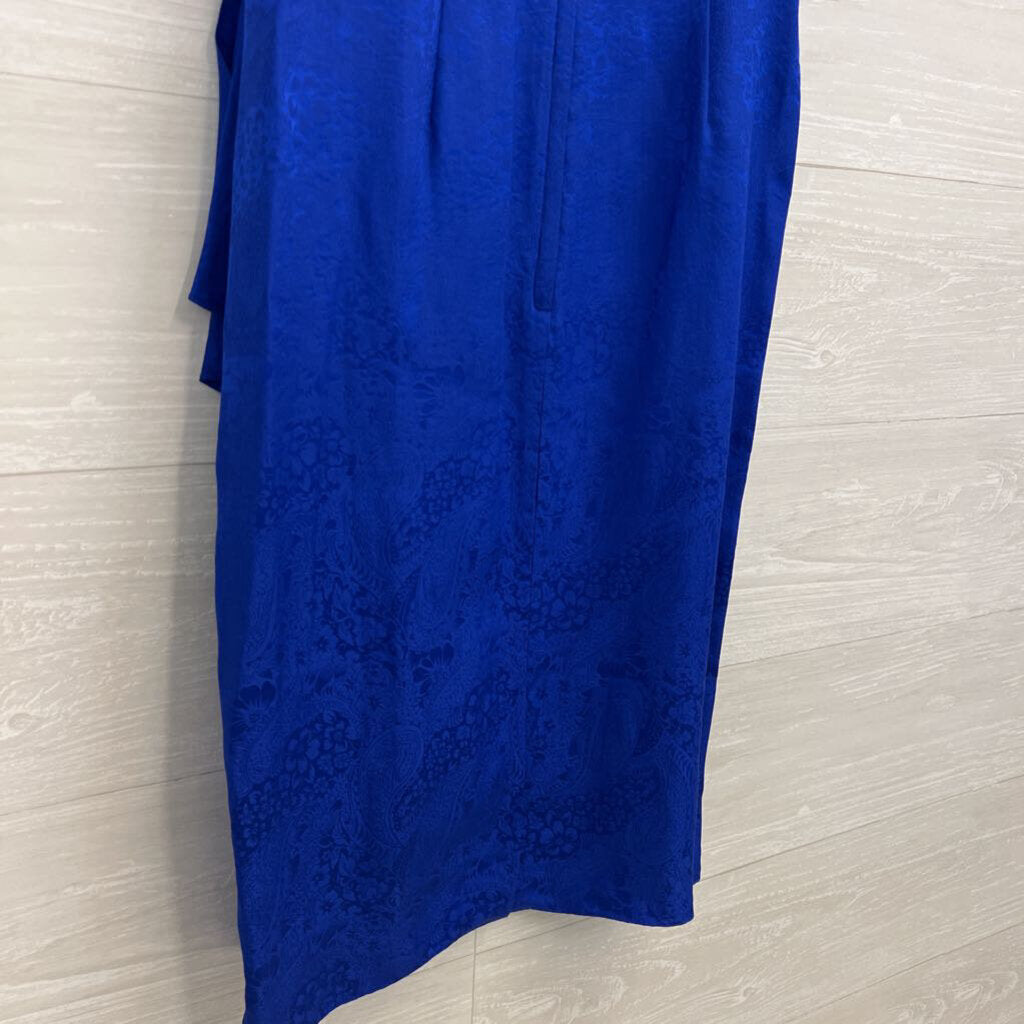 Vintage Pat Argenti Royal Blue Print 100% Silk Short Sleeve Dress 4 Petite