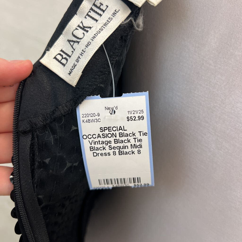 Vintage Black Tie Black Sequin Midi Dress 8