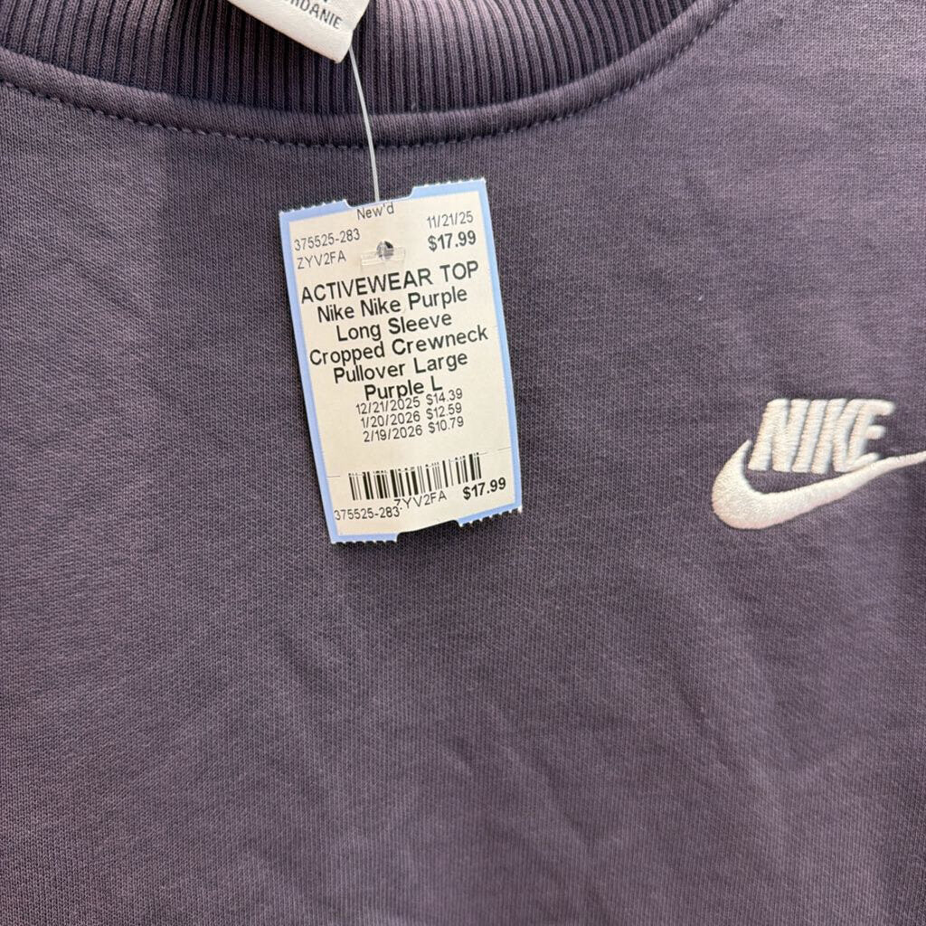 Nike Purple Long Sleeve Cropped Crewneck Pullover Large