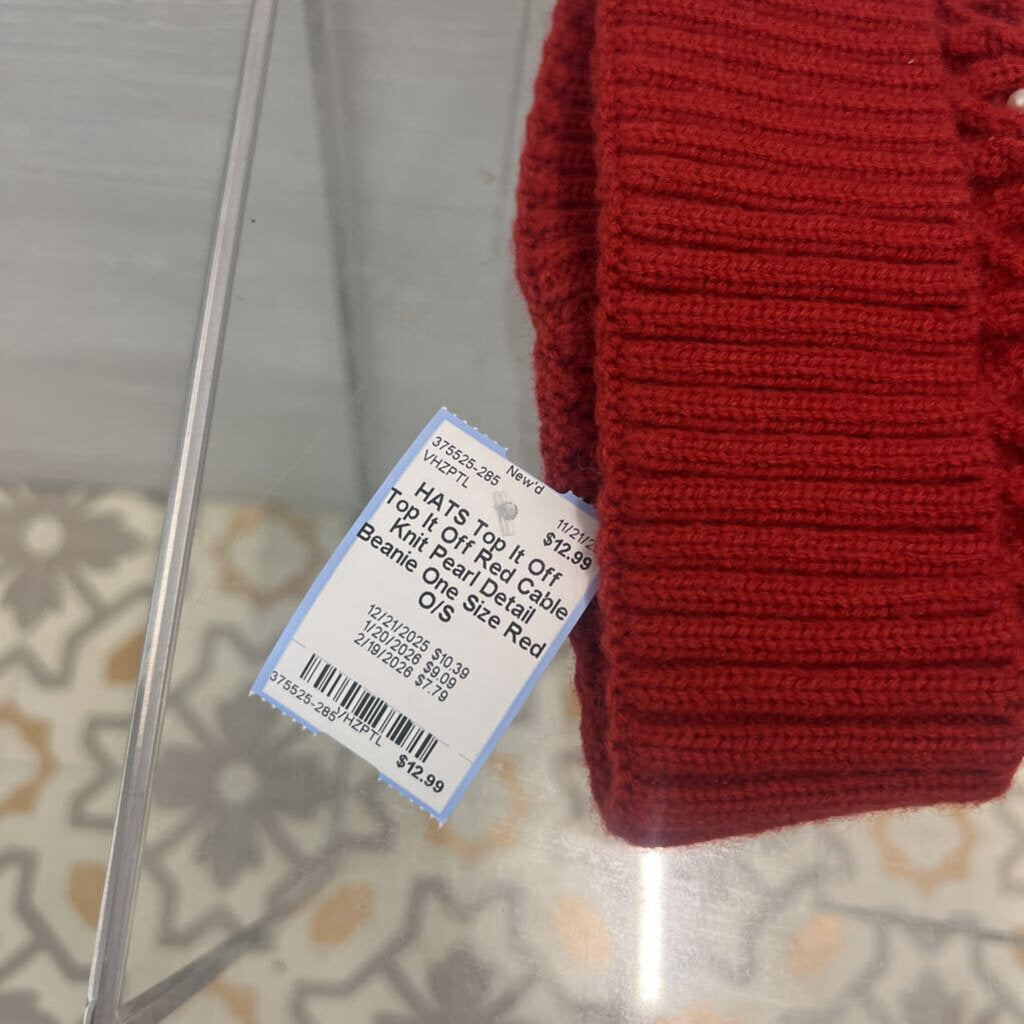 Top It Off Red Cable Knit Pearl Detail Beanie One Size