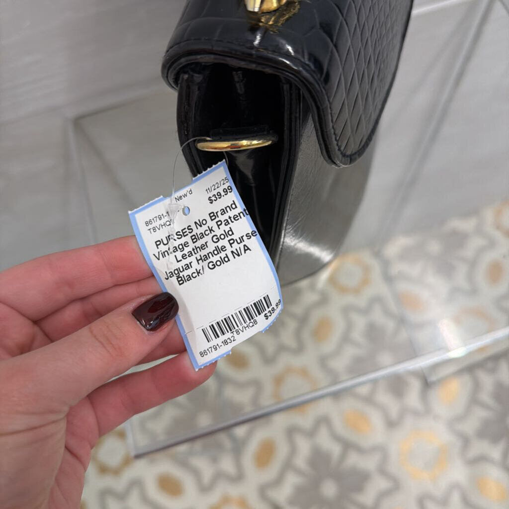 Vintage Black Patent Leather Gold Jaguar Handle Purse