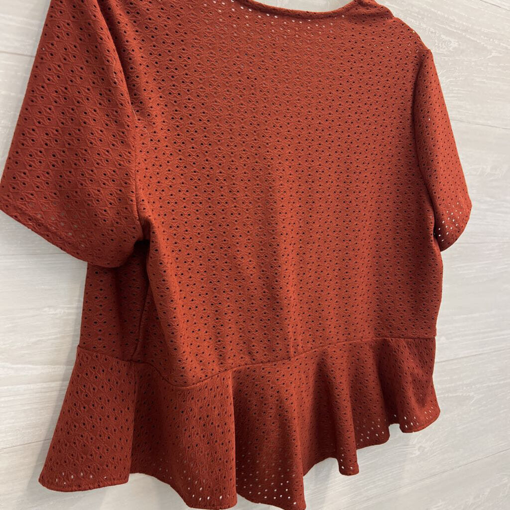 Burnt Orange Short Sleeve Open Tie Front Top Large