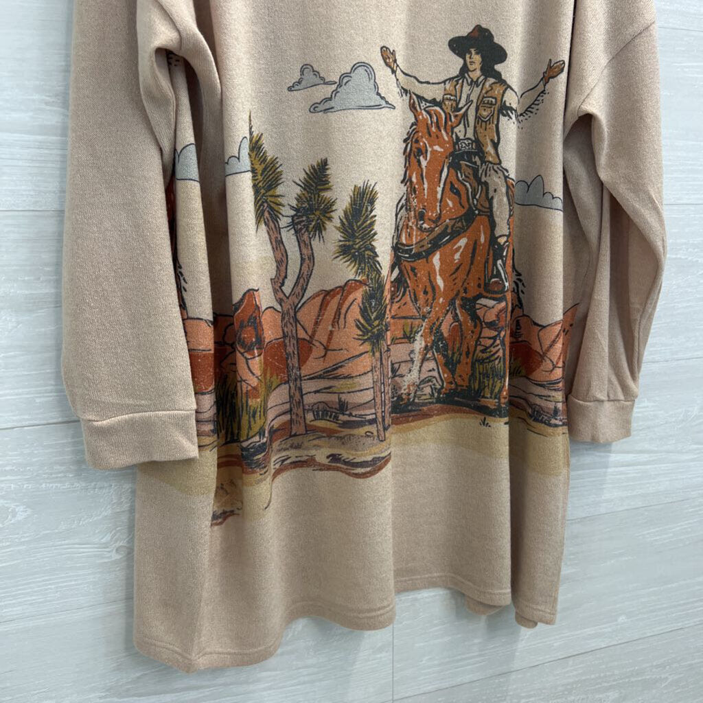 Phil Love Brown Western Cowgirl Print Open Front Sweater Large