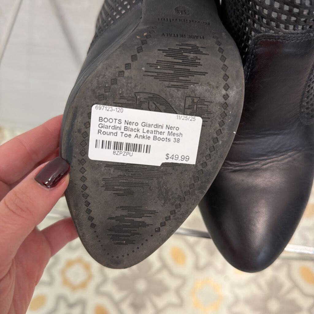 Nero Giardini Black Leather Mesh Round Toe Ankle Boots 38