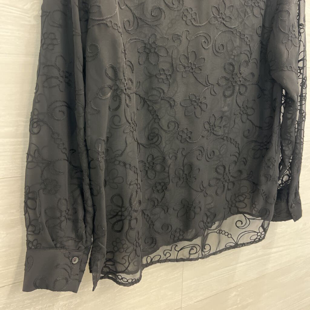 Zara Black Print Sheer Long Sleeve Button Down Top Medium