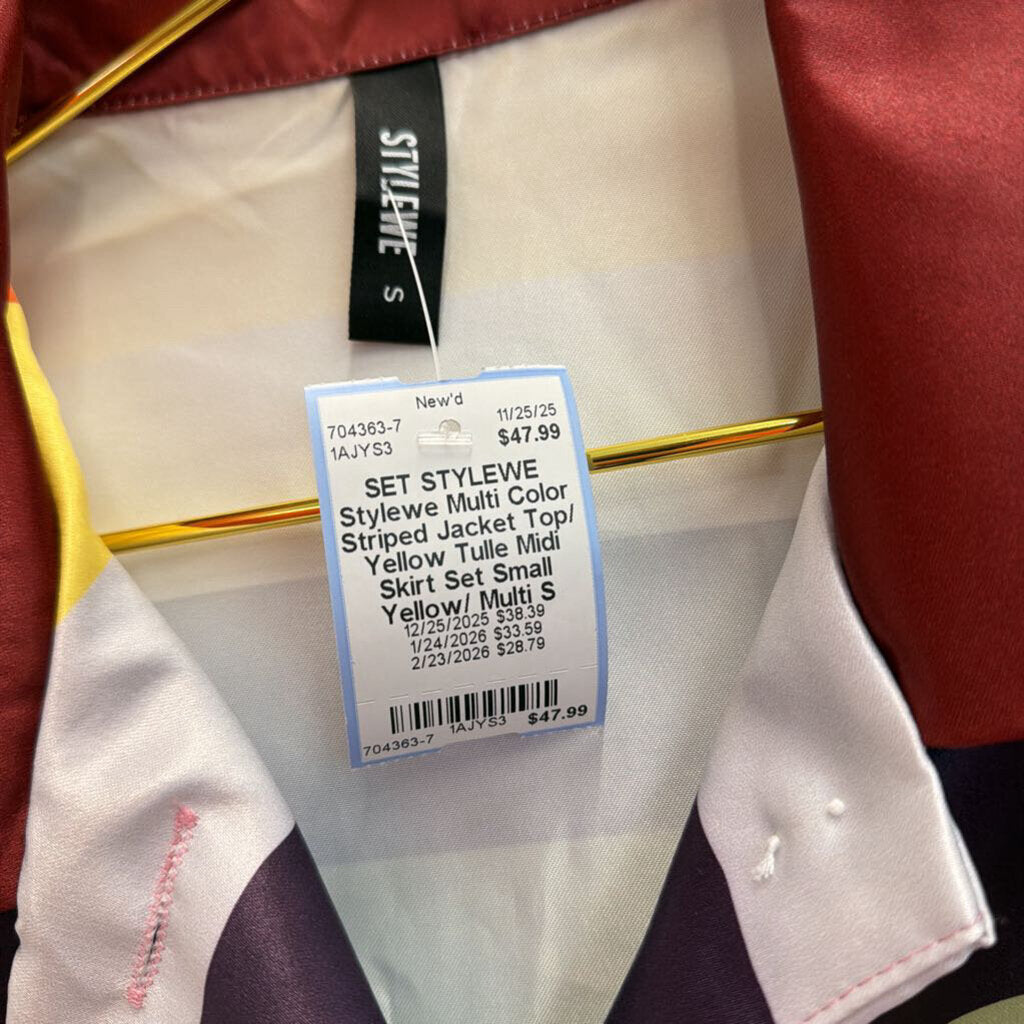 Stylewe Multi Color Striped Jacket Top/ Yellow Tulle Midi Skirt Set Small