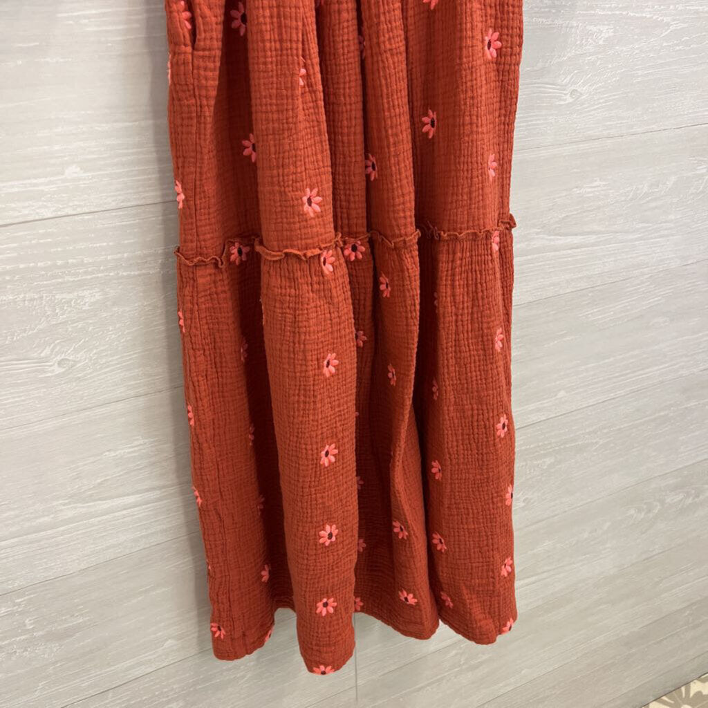 Orange/ Pink Embroidered Flower Long Puff Sleeve Maxi Dress Small