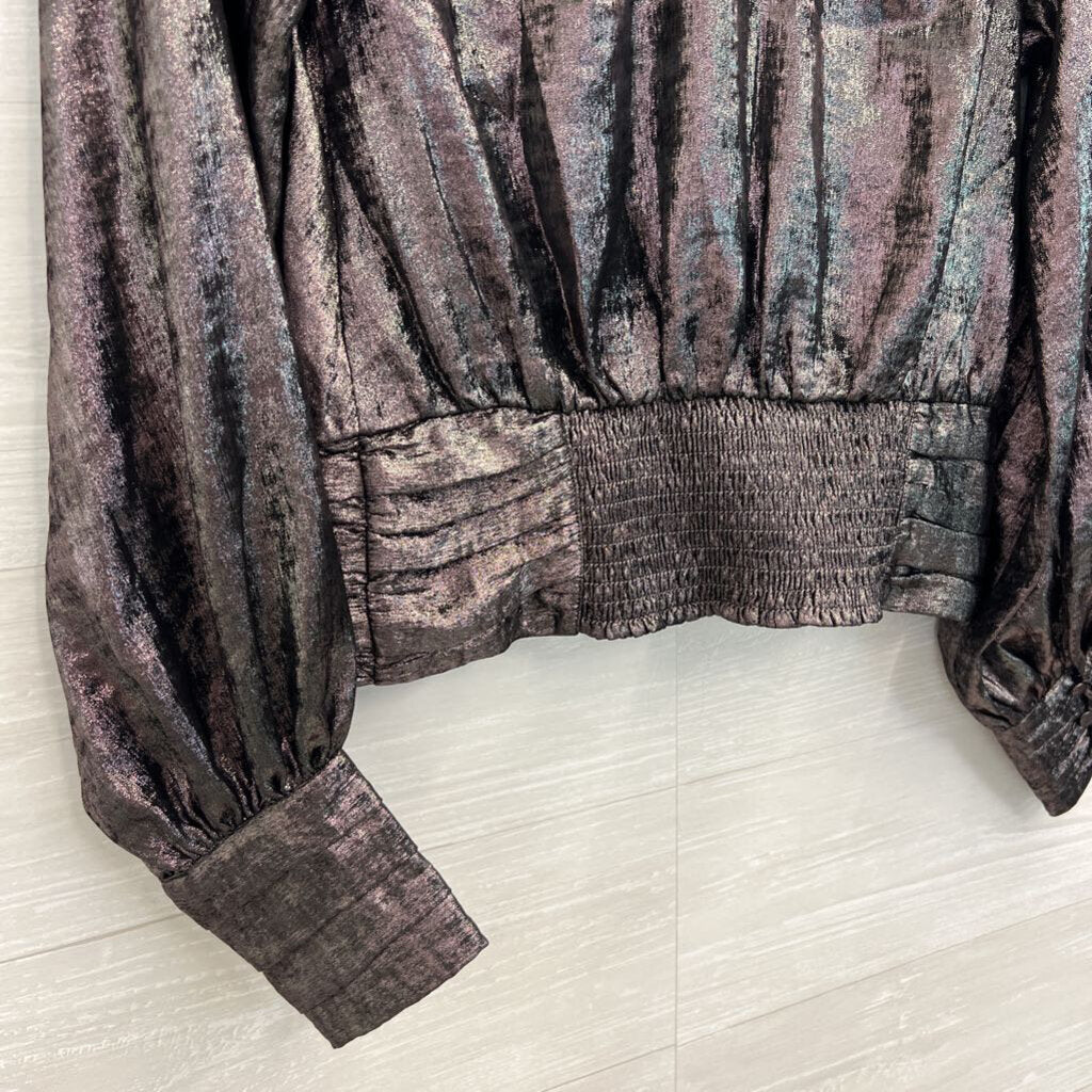 Express Metallic Grey Long Sleeve V Neck Top Medium