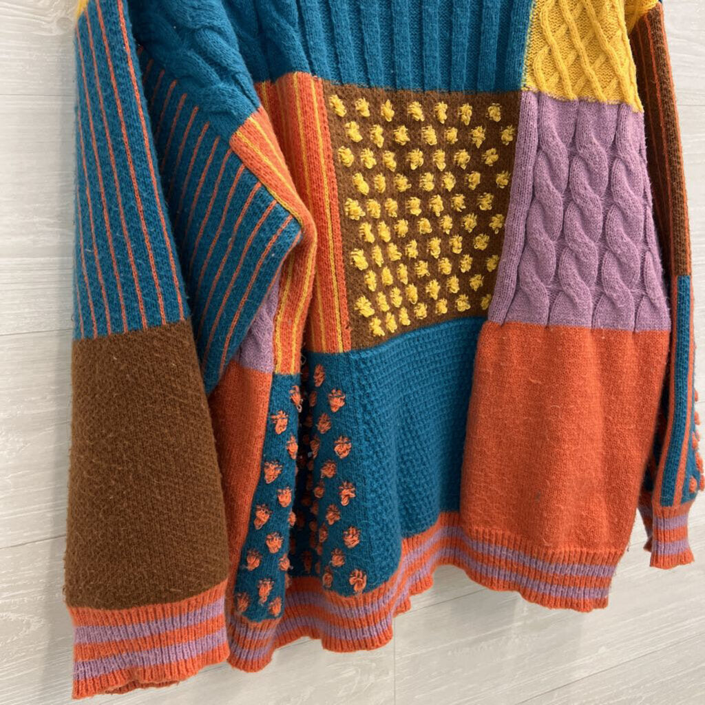 Cider Multi Color Patchwork Knit Long Sleeve Sweater 2XL