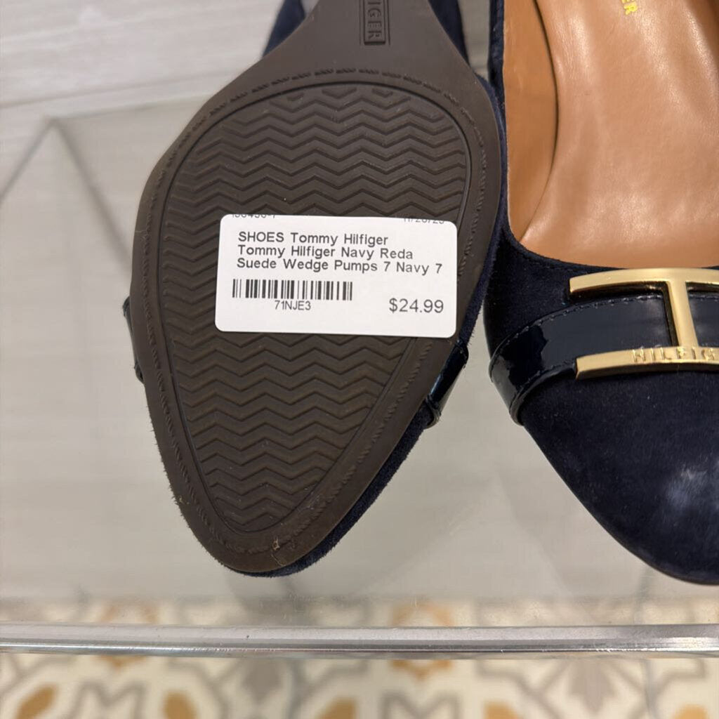 Tommy Hilfiger Navy Reda Suede Wedge Pumps 7