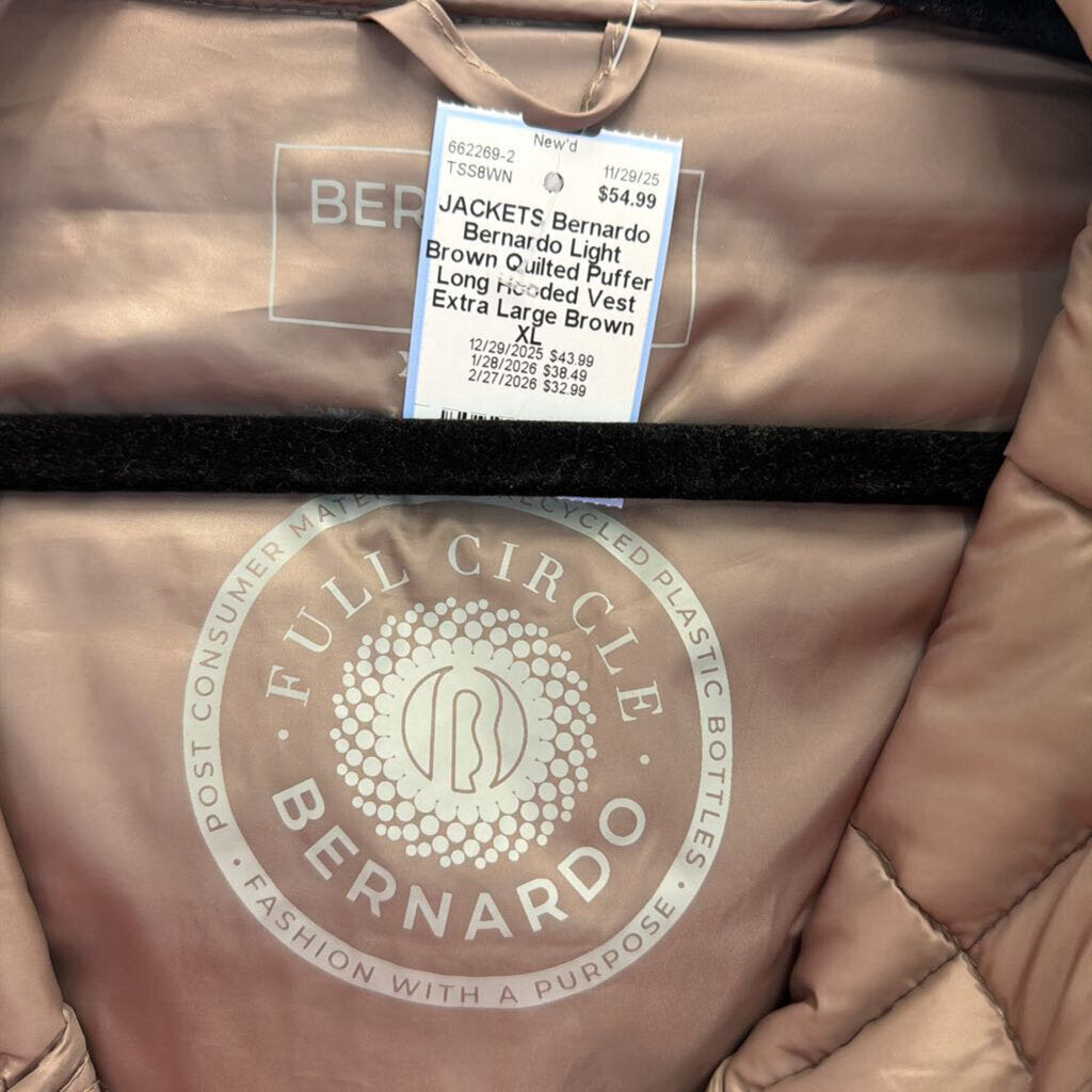 Bernardo Light Brown Quilted Puffer Long Hooded Vest Extra Large