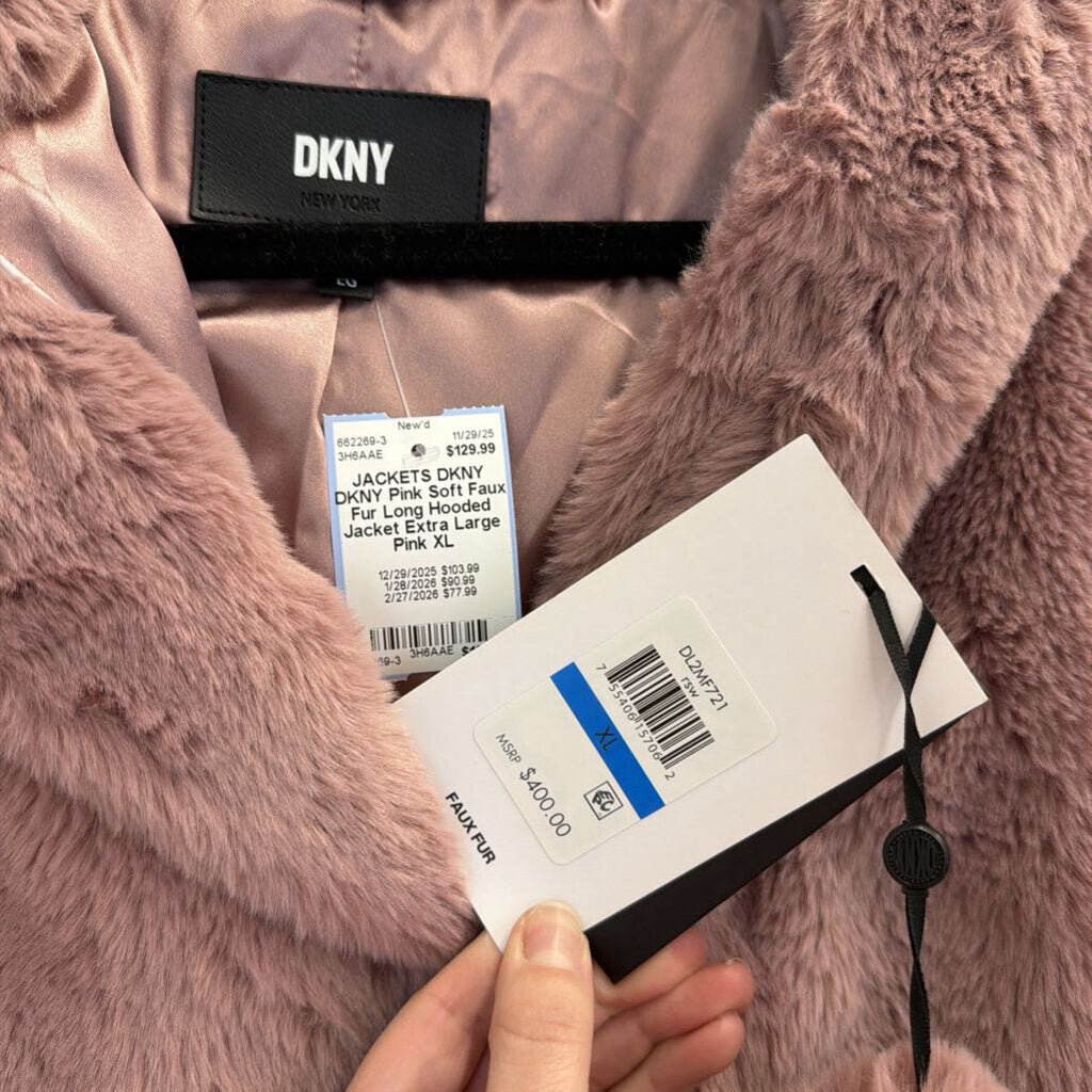 DKNY Pink Soft Faux Fur Long Hooded Jacket Extra Large